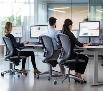 Professionals working on Amazon Private Label dashboards in a modern office