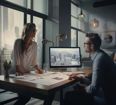 Branding expert and client in consultation with mood board and branding elements