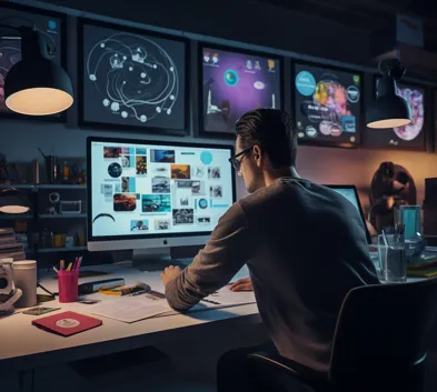 Professional designer sketching concept logos for brand identity