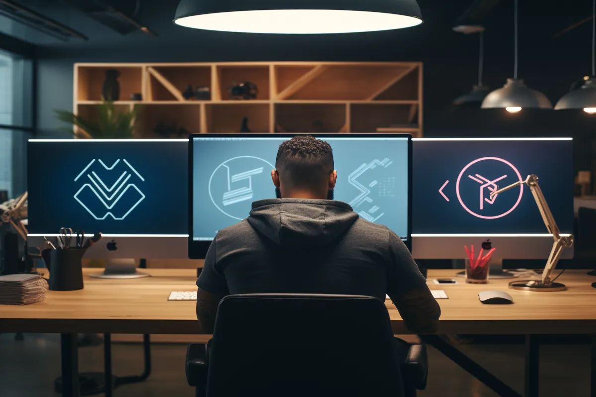 Professional logo designer working on brand identity mockups on multiple monitors