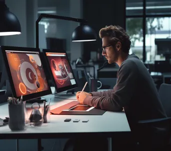 A modern designer creating a business logo in a creative agency on digital screens