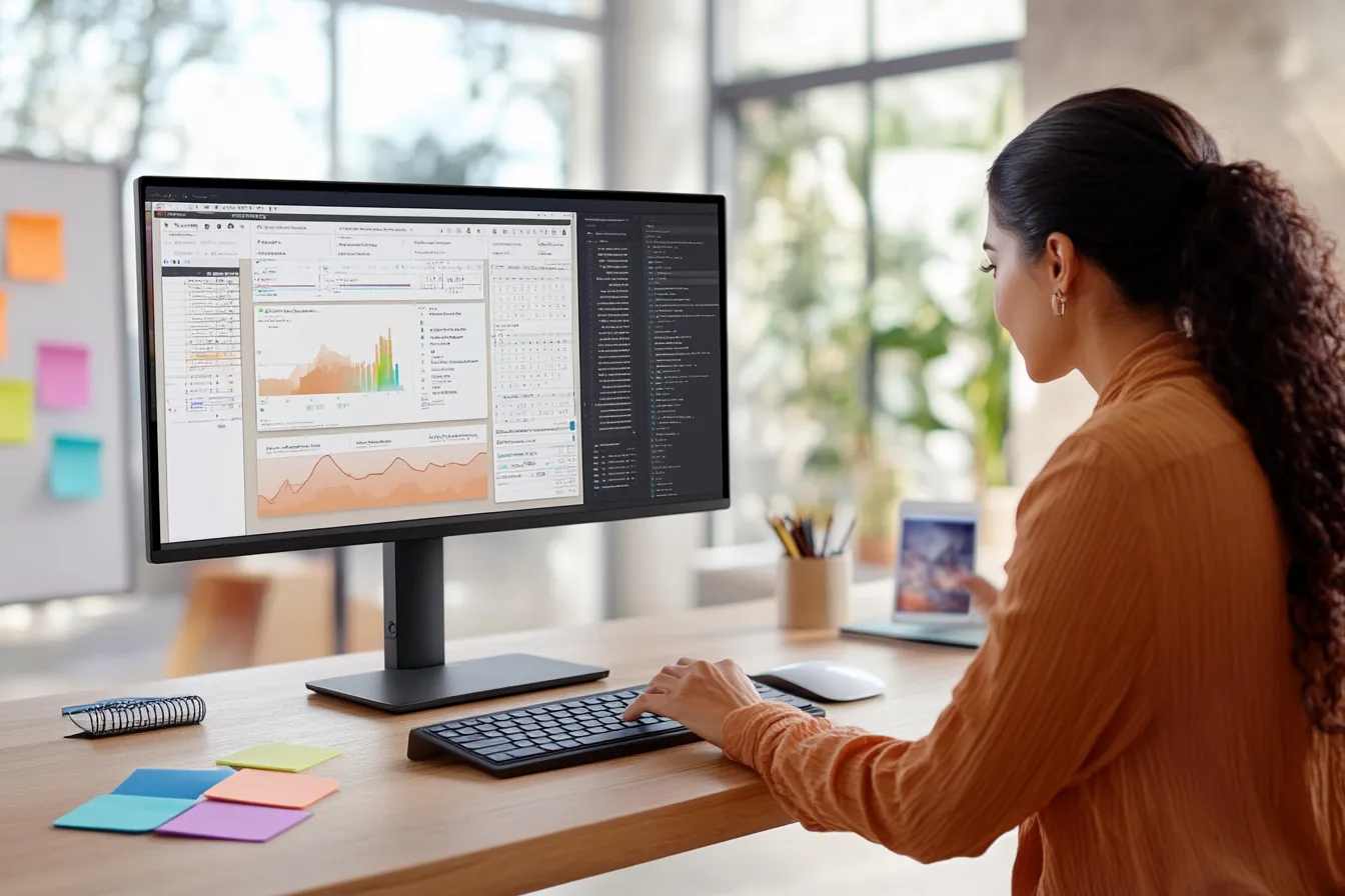 Woman analyzing marketing data on desktop monitor