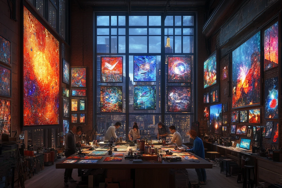 Creative design team collaborating on innovative visual projects in a modern workspace with large digital screens.