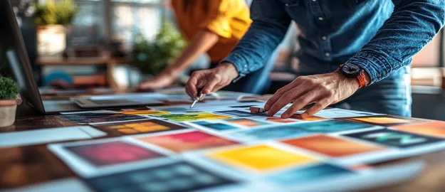 Creative branding team collaborating on unique brand identity solutions, analyzing design concepts, and color palettes.