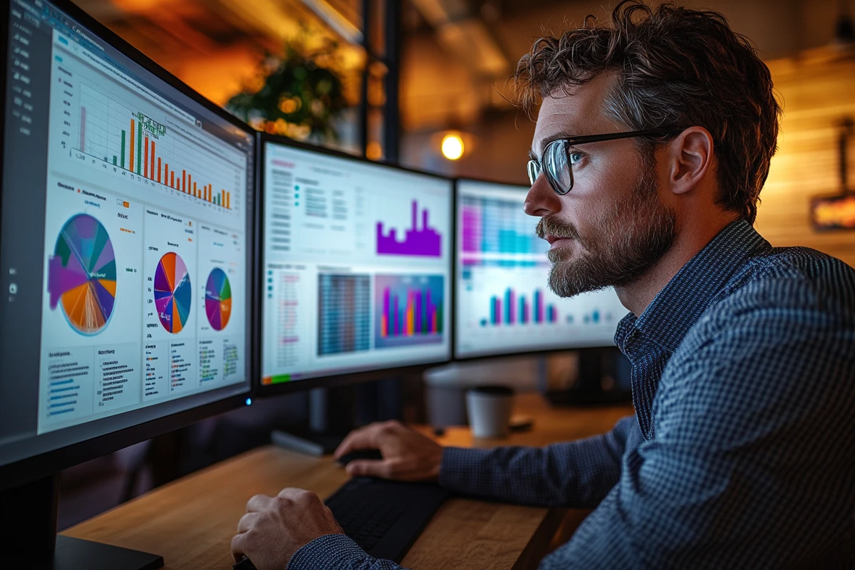 A data-driven marketing expert analyzing real-time analytics on multiple monitors, optimizing digital marketing strategies for maximum performance.