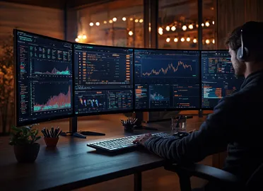 Digital marketing analyst monitoring real-time data insights on multiple screens, optimizing performance and strategy.