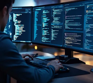 Developer working on multiple screens coding a high-performance website, ensuring optimized deployment and security.