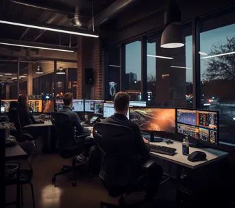 Digital marketing professionals analyzing campaign data in a modern office, working on SEO, PPC, and content strategies on multiple monitors.