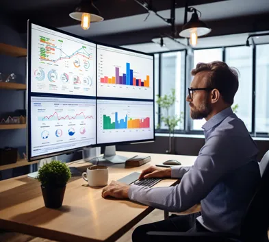 Professional digital marketing expert analyzing campaign performance on a multi-screen setup in a modern office.