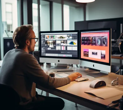 Designer finalizing business logo and branding deliverables on iMac