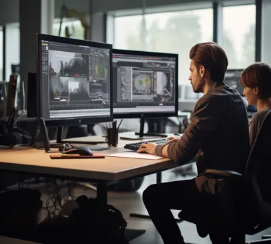 Two professional designers finalizing brand visuals on desktop monitors in a creative design studio