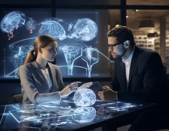 Hyper-realistic image of marketing professionals analyzing AI-driven business insights in a futuristic office.