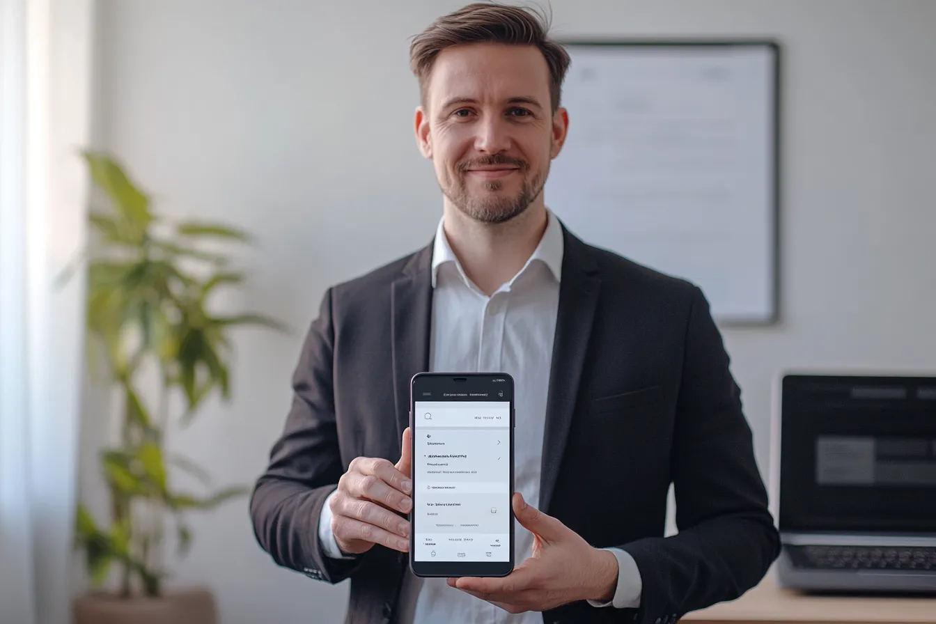 Businessman holding mobile phone showing responsive website interface