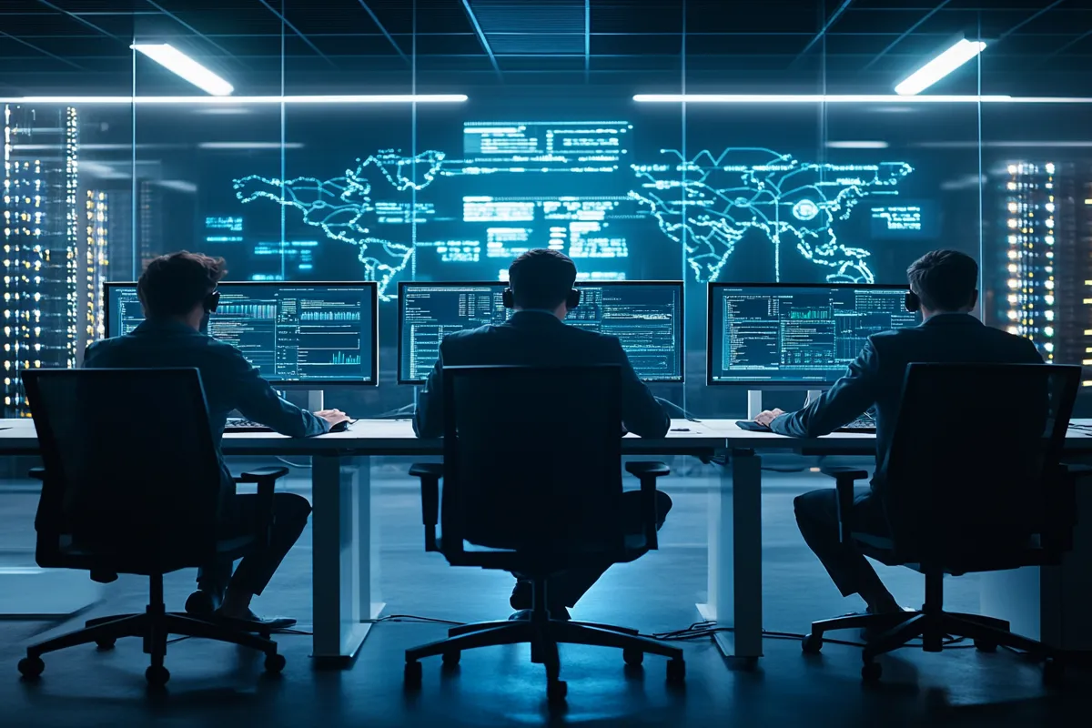 Three IT professionals working in a modern office with global server monitoring screens.