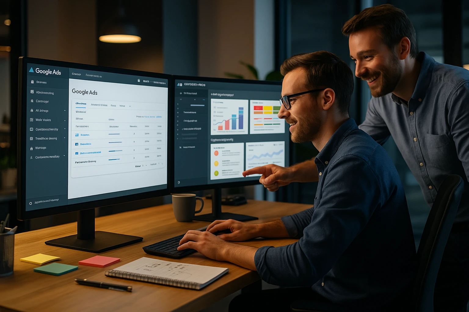PPC campaign setup with Google Ads and real-time analytics dashboard