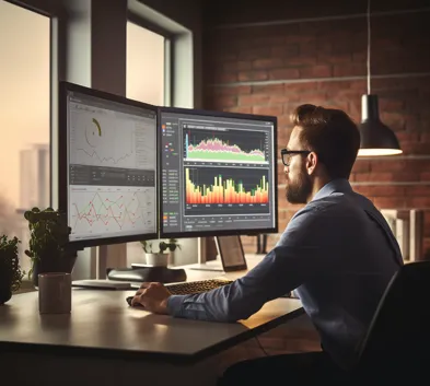 A professional SEO analyst reviewing an SEO audit report on dual high-resolution monitors, displaying keyword rankings, backlink audits, and traffic analysis.