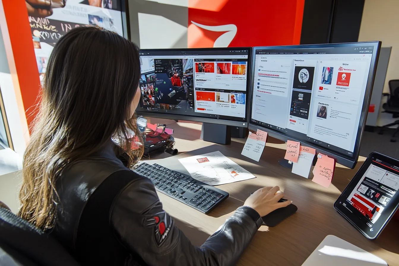 Woman analyzing brand performance across social media platforms on multiple screens