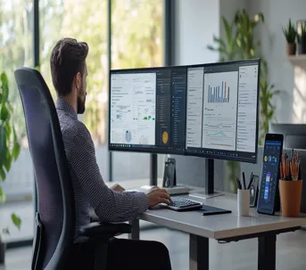 Modern social media management workspace with dual monitors and analytics dashboard