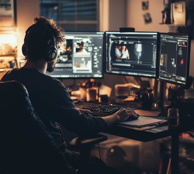 Side-angle view of a video editor working on Adobe Premiere Pro with both hands on keyboard, in a dimly lit studio.