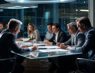 A hyper-realistic image of a corporate team engaged in a strategic meeting, reviewing documents and discussing long-term business goals.