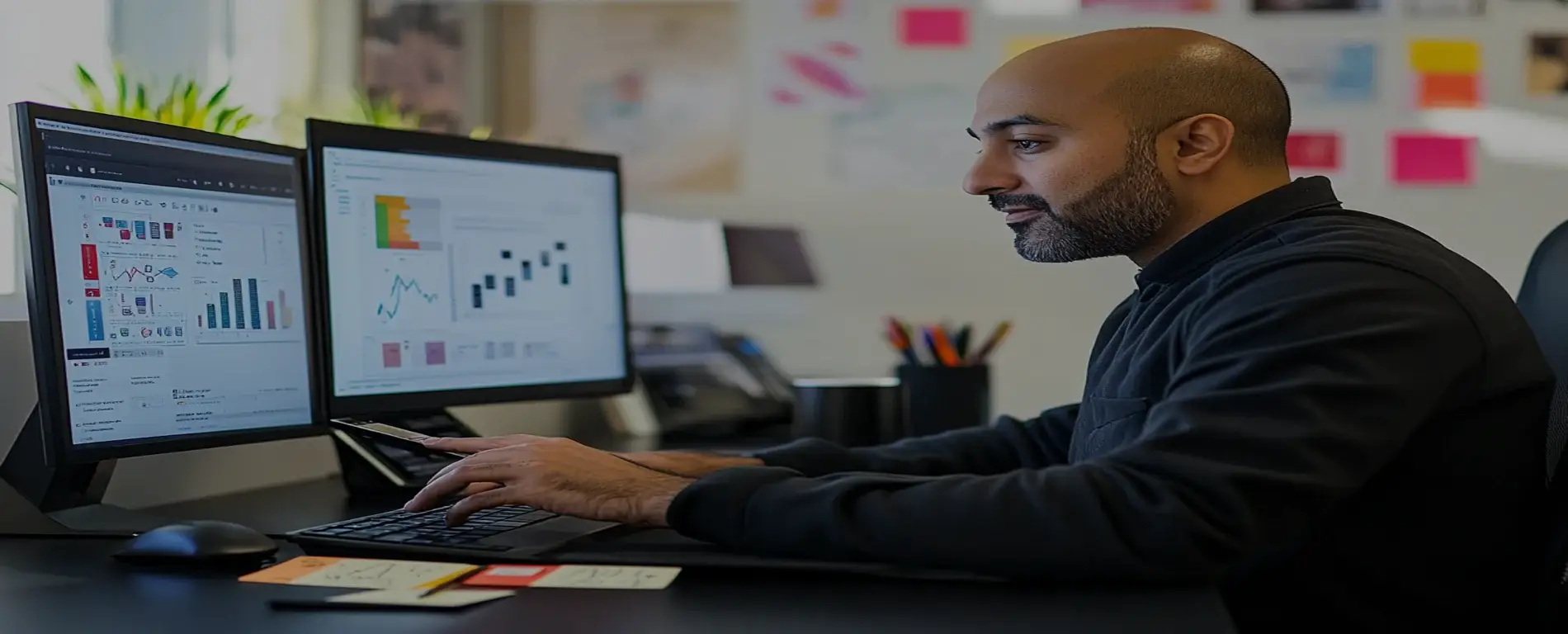 UI/UX designer analyzing user interface dashboards on a dual-monitor setup