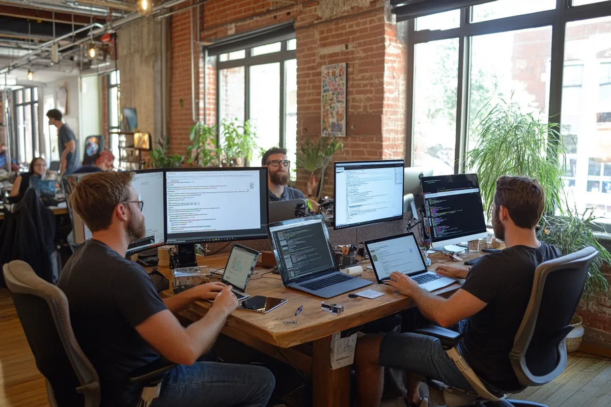 A UI/UX design team collaborating in a modern office with multiple screens displaying website wireframes and prototypes.