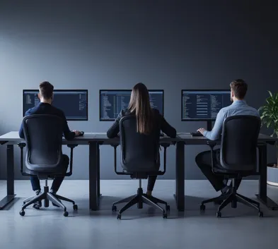 Three IT professionals setting up web hosting infrastructure in a modern office