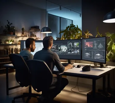 Two professional designers working on digital design concepts in a modern studio