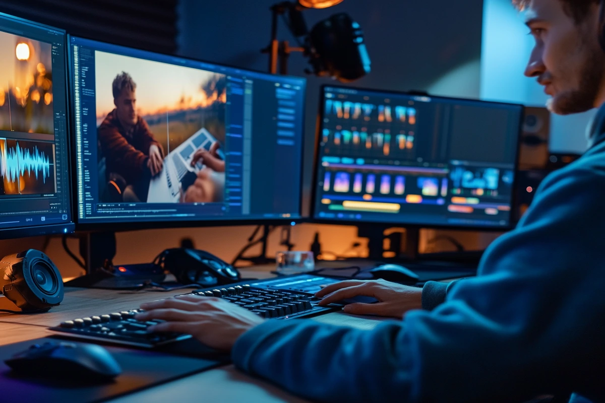 Video editor working in a creative studio with both hands on keyboard and professional editing software on screens