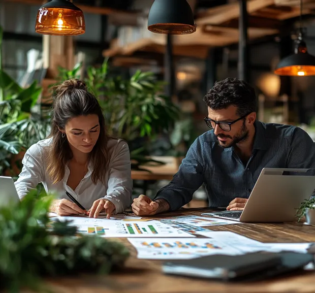Professional strategy meeting in a modern office with team members analyzing data and discussing digital marketing strategies.