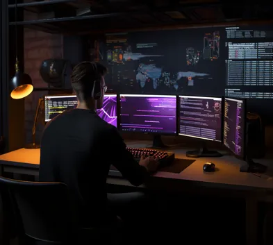 Developer testing and coding for a web project with multiple monitors displaying code and system analytics.
