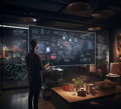 A professional web designer strategizing and wireframing a website layout on a futuristic digital board in a modern workspace.