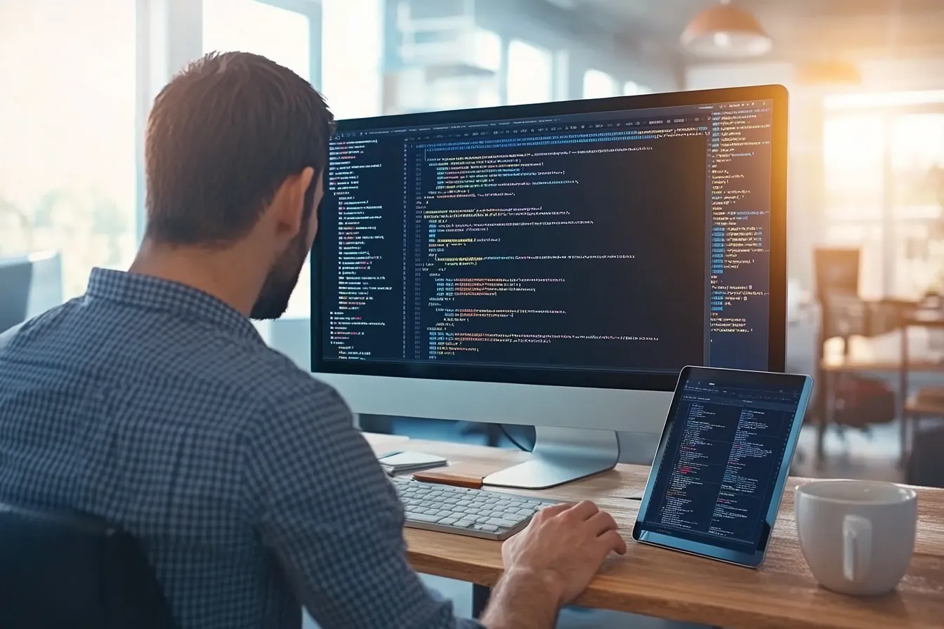 Web developer working on code across desktop and tablet in a modern office