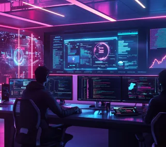 A hyper-realistic digital workspace featuring developers coding on multiple screens with advanced analytics and futuristic UI elements.