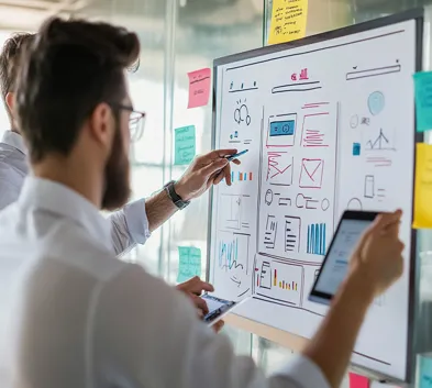 Team collaborating on web development strategy, pointing at a digital whiteboard with detailed wireframes and design elements.