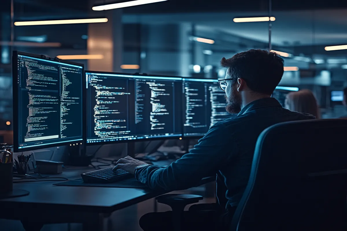 A highly realistic image of a software developer working on multiple monitors displaying code in a modern, dimly lit office. 
