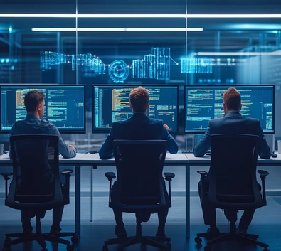 Three IT professionals monitoring servers in a modern hosting environment