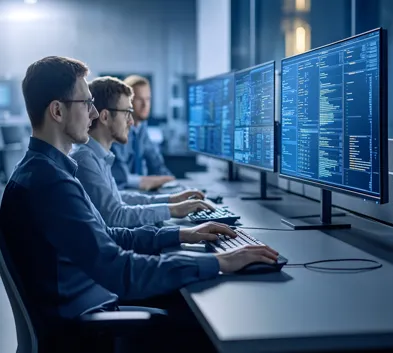 Ultra-realistic office scene with team consulting on web hosting strategies