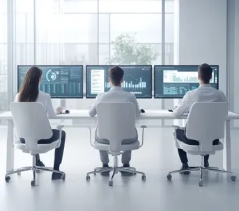 Ultra-realistic office scene of three professionals managing web hosting performance data